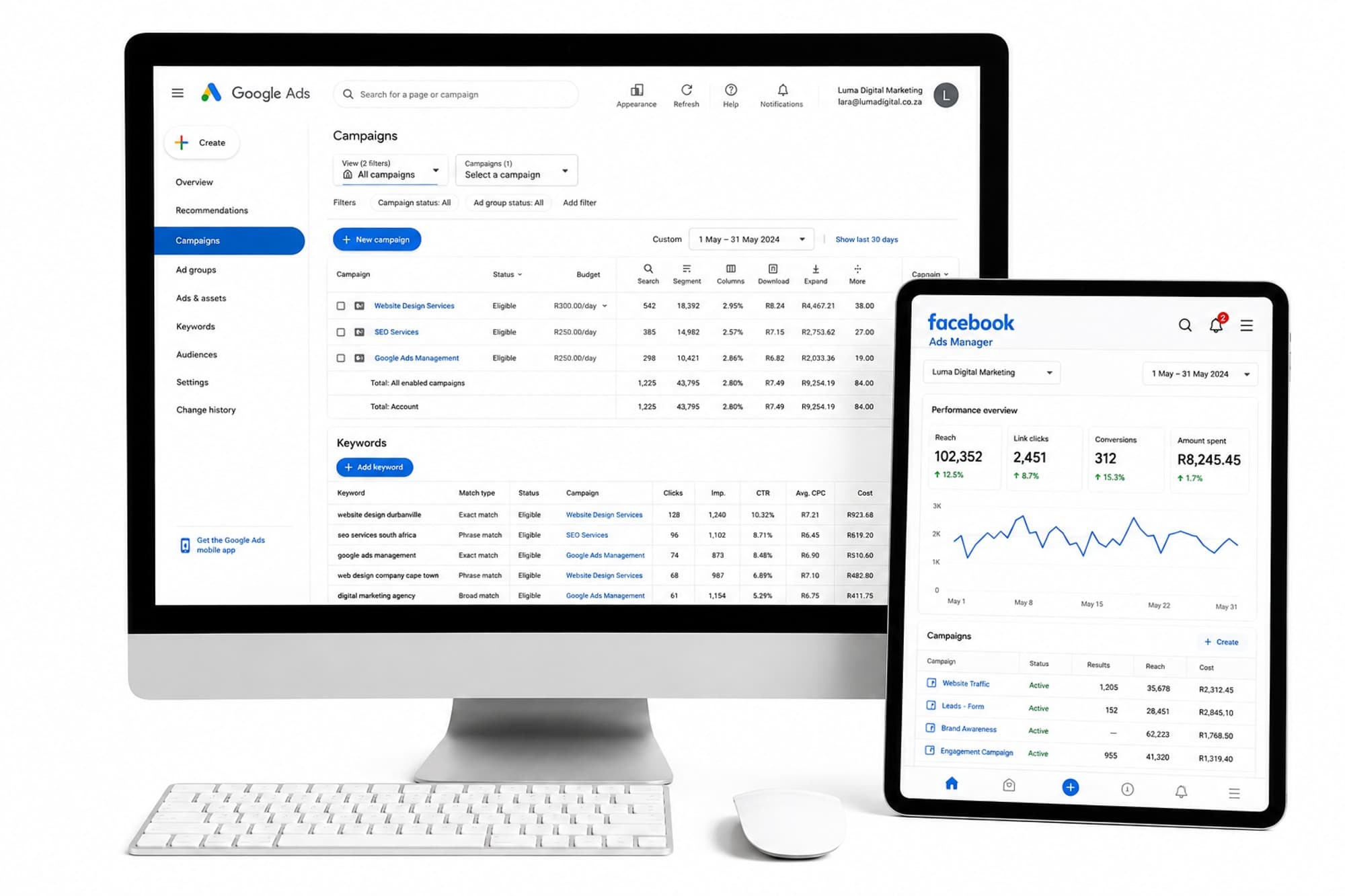 Mockup of Google Ads and Meta Ads Manager dashboards on an iMac and iPad