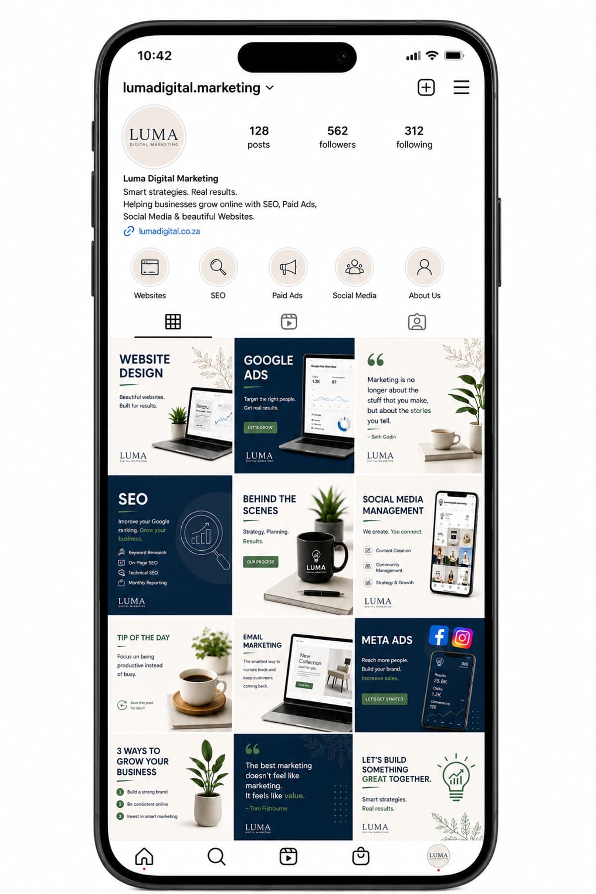 Mockup of the Luma Digital Marketing Instagram profile and grid