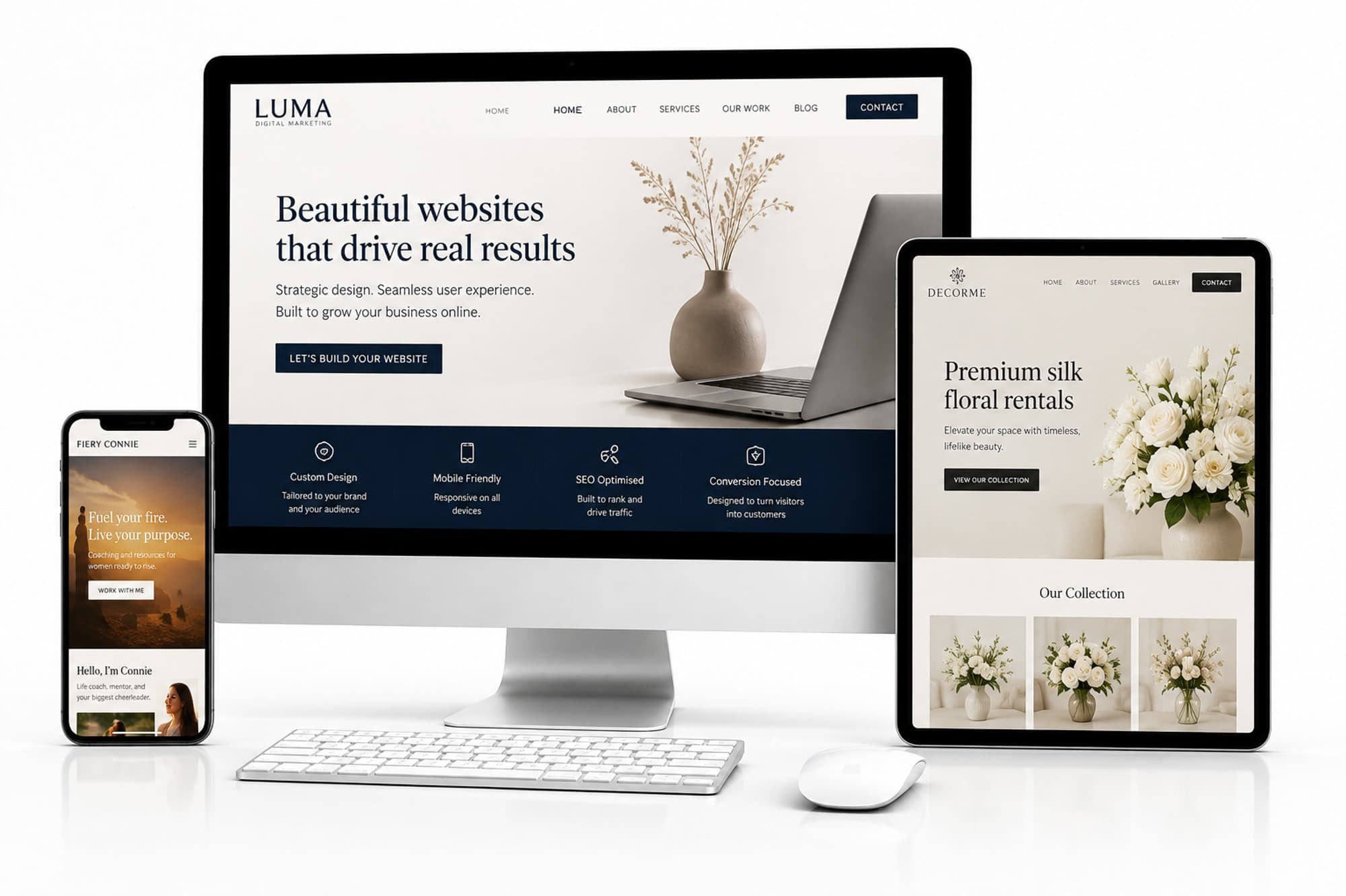 Mockup of a Luma-built website shown on an iMac, iPad, and phone