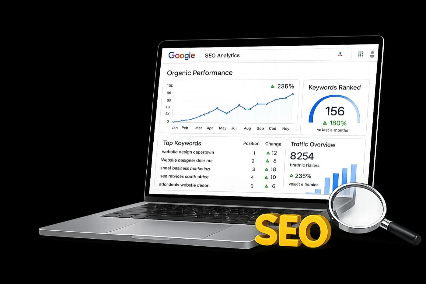 SEO results showing improved Google rankings and increased organic traffic